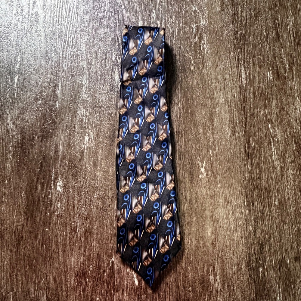 Lanvin Tie Mens Black Blue Geometric Floral Art Deco Silk Made in France